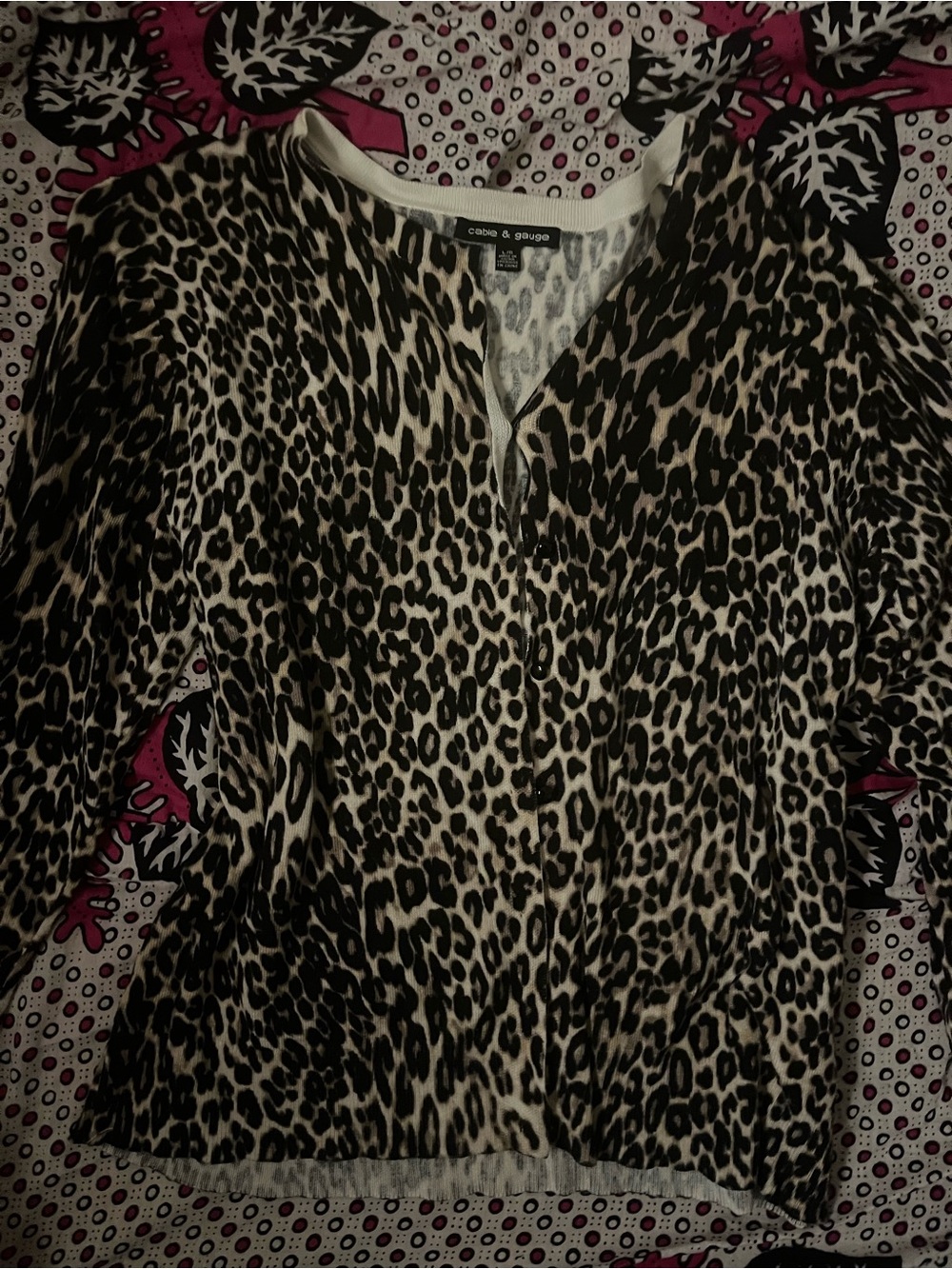 Cable & Gauge Leopard Print Button Front Cardigan Sweater Size Large
